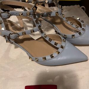 Valentino Pale Blue Rockstud T-Strap Pointed Pumps
